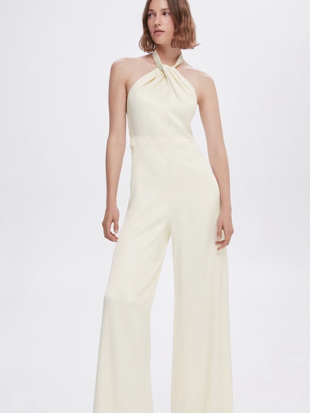 Mango Cream Halter-Neck Wide-Leg Jumpsuit